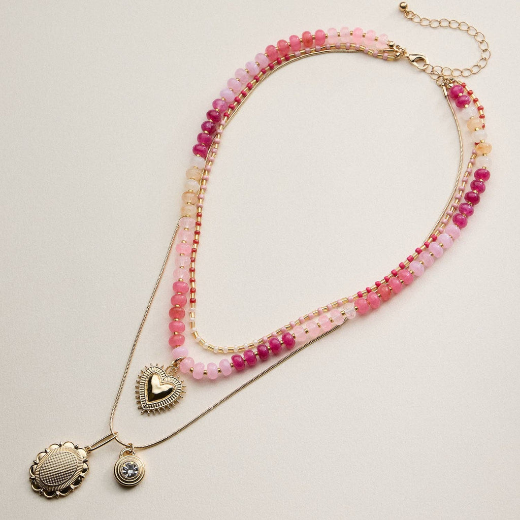 Layered Beaded and Pendant Necklace Set with Gold Accents – Heart and Charm Detail