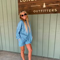 Blue / Pink and brown Striped Oversized Pocket Crew Neck Lounge Set